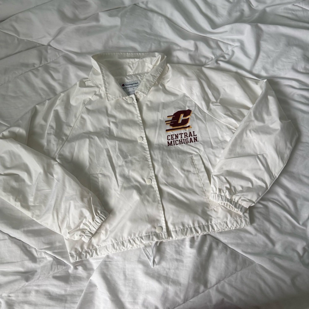 Champion White Central Michigan Cropped Windbreaker Jacket Small
